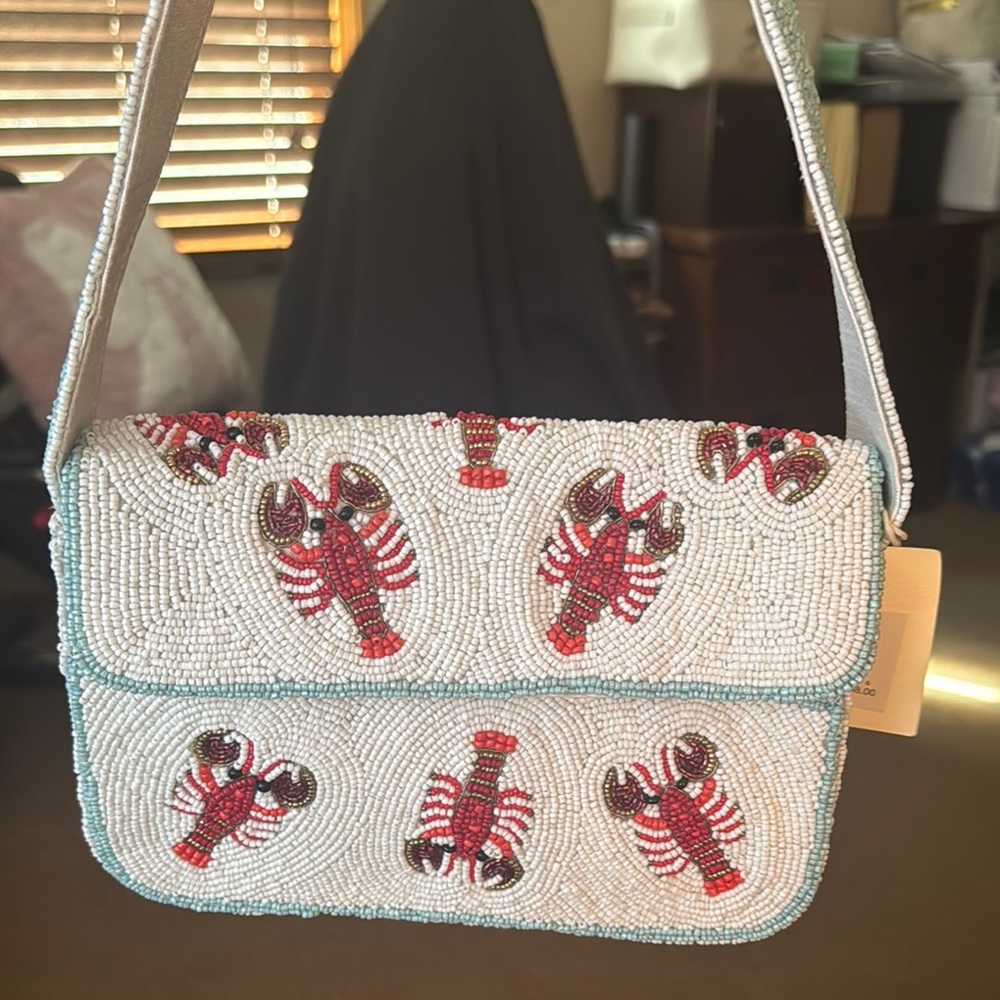 White and Red Beaded Shoulder Bag with Lobster Design